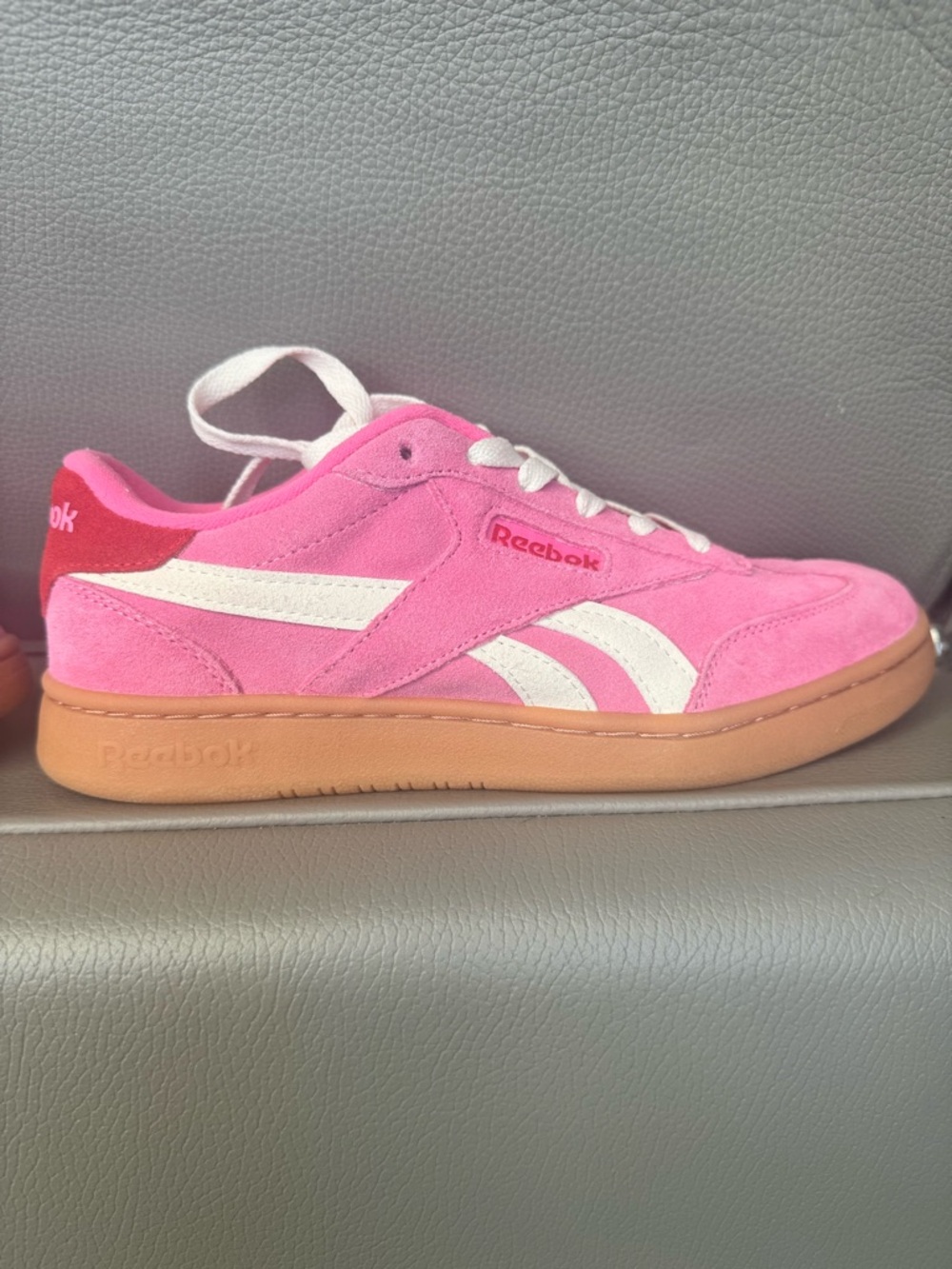 Reebok Pink Suede Sneakers with White Stripes and Gum Sole